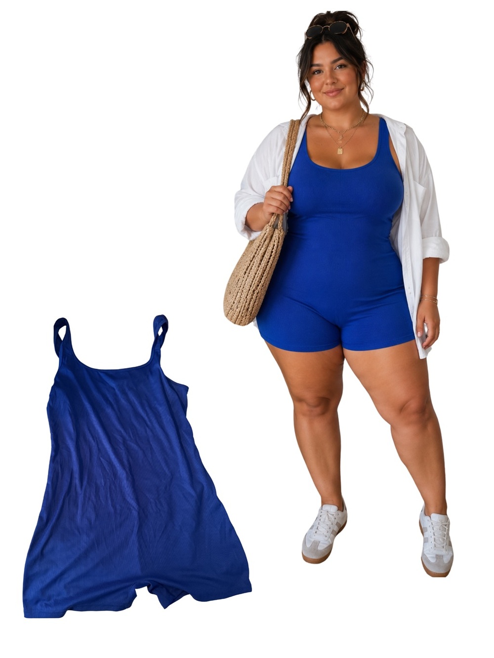 Blue Scoop-Neck Romper Tank Short Romper